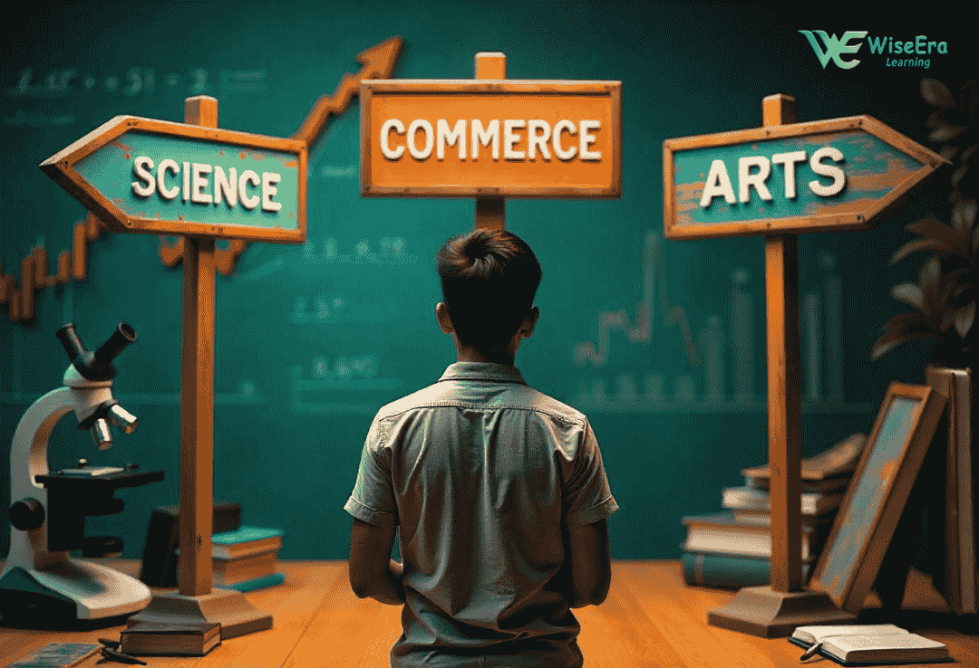 A student standing at a crossroads choosing between Science, Commerce, and Arts streams, with symbols representing each career path in the background.