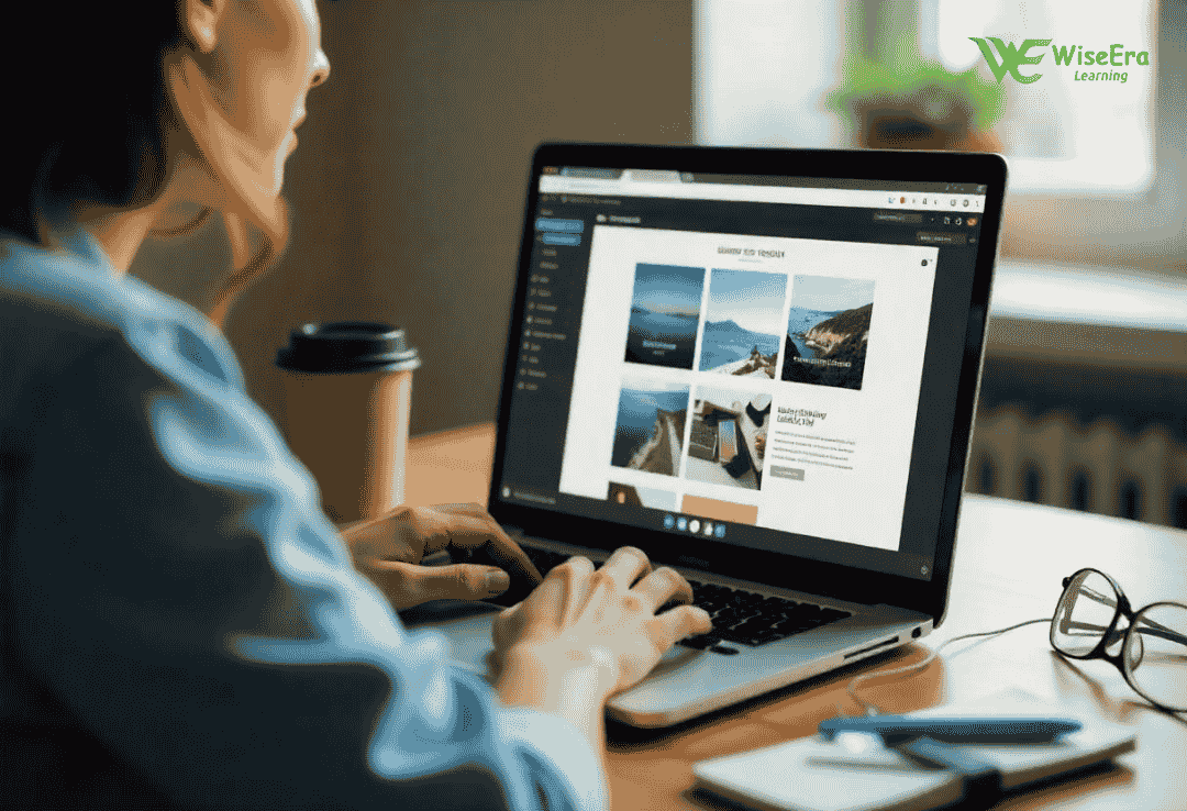 Person designing a WordPress website from scratch using a drag-and-drop builder on a laptop in a modern workspace.