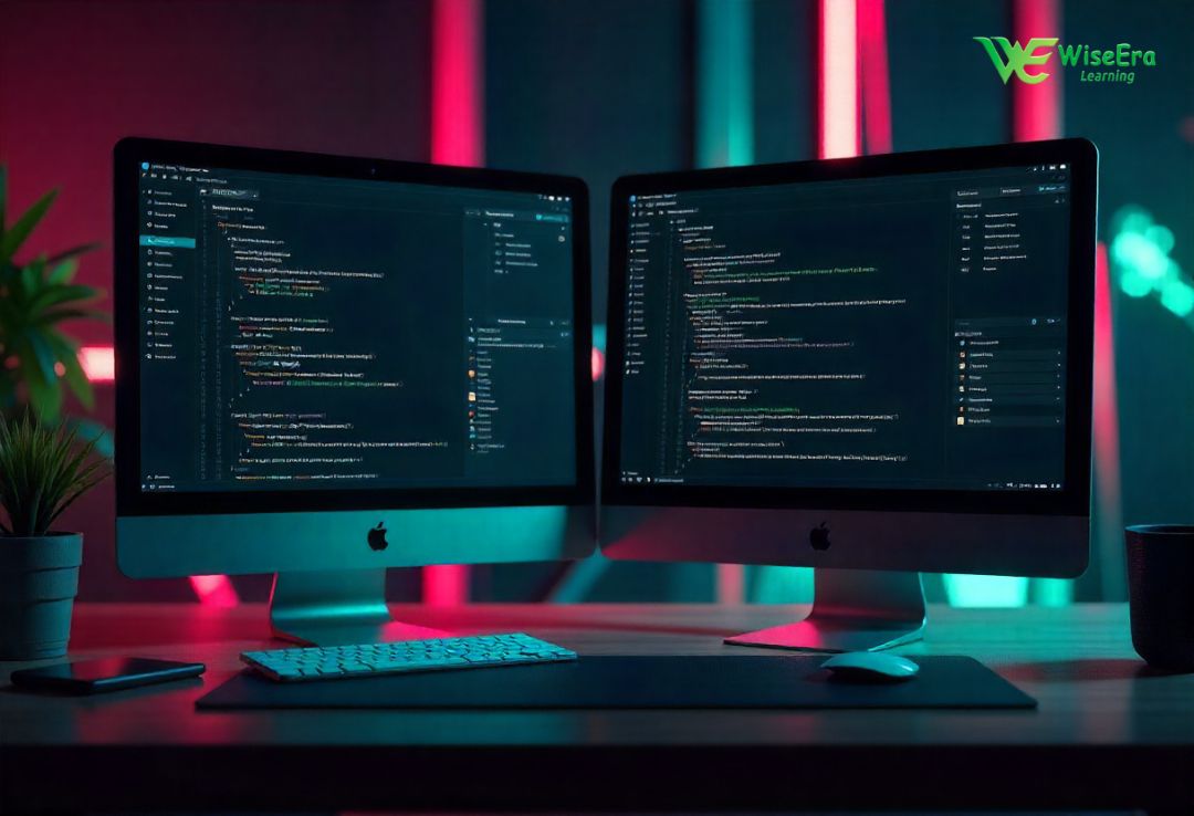 Elementor vs WPBakery page builder comparison – split screen interface showing design features, drag-and-drop tools, and UI differences with black and dark green background – WiseEra Learning