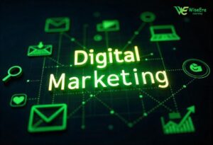 A modern digital marketing setup with laptop, graphs, and glowing dark green social media and SEO icons on a black background, illustrating the concept of digital marketing for beginners.