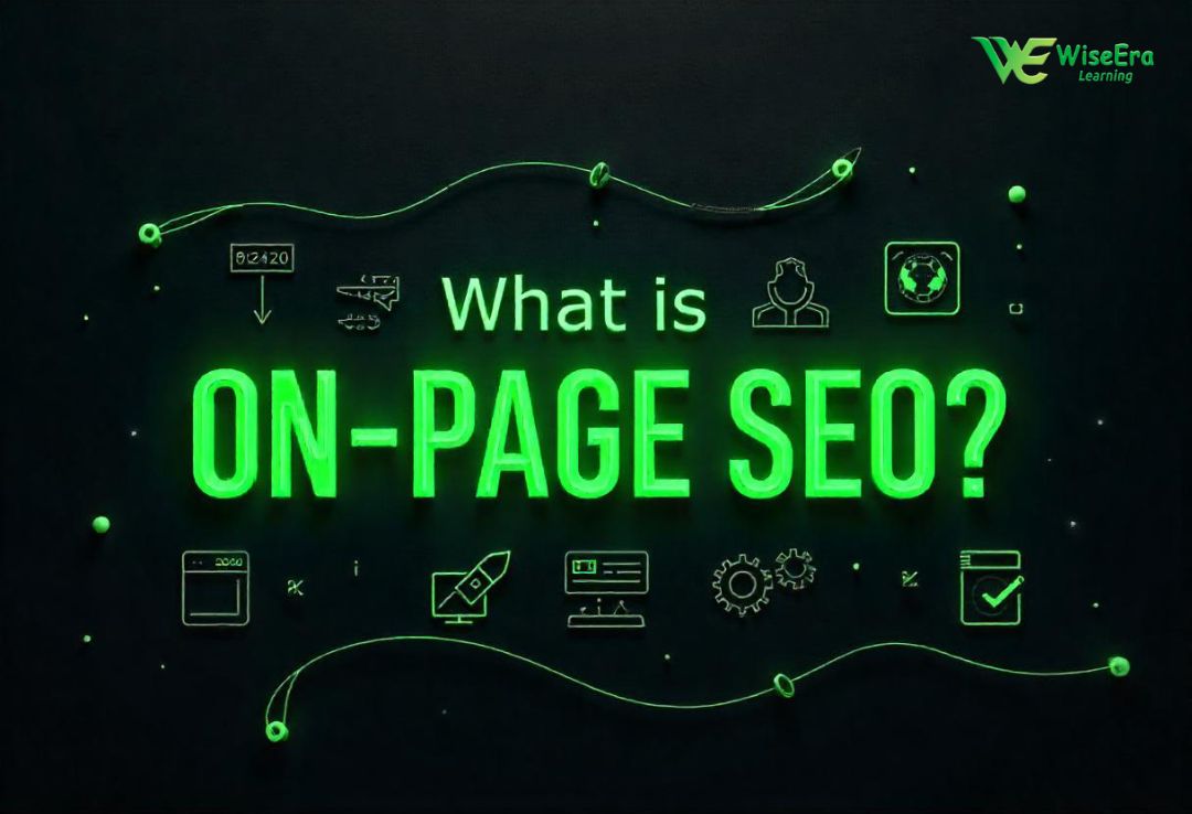 Illustration of on-page SEO elements like meta tags, keywords, HTML, and internal links on a computer screen with black and dark green theme for WiseEra Learning .