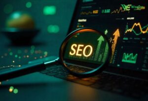 A modern, sleek digital marketing workspace featuring SEO icons, graphs, website analytics, and a laptop screen showing Google search results. The color scheme should be black and dark green with neon accents. Include abstract tech elements like data lines, search bars, and code snippets in the background. High-tech and educational vibe.