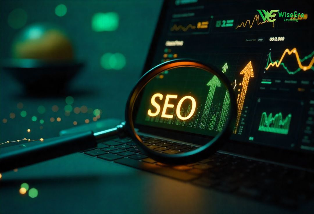 A modern, sleek digital marketing workspace featuring SEO icons, graphs, website analytics, and a laptop screen showing Google search results. The color scheme should be black and dark green with neon accents. Include abstract tech elements like data lines, search bars, and code snippets in the background. High-tech and educational vibe.