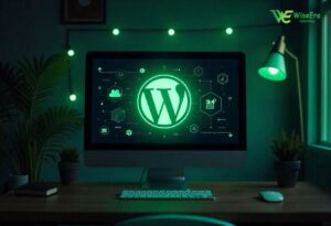 WordPress logo on a dark computer screen with digital tools and icons, representing a beginner’s guide to using WordPress