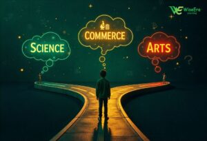 Student standing at crossroads choosing between Science, Commerce, and Arts stream with symbolic icons by WiseEra Learning.